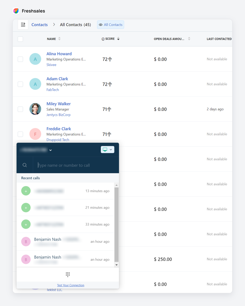 Freshsales contact list with the built-in phone widget open and a list of recent calls