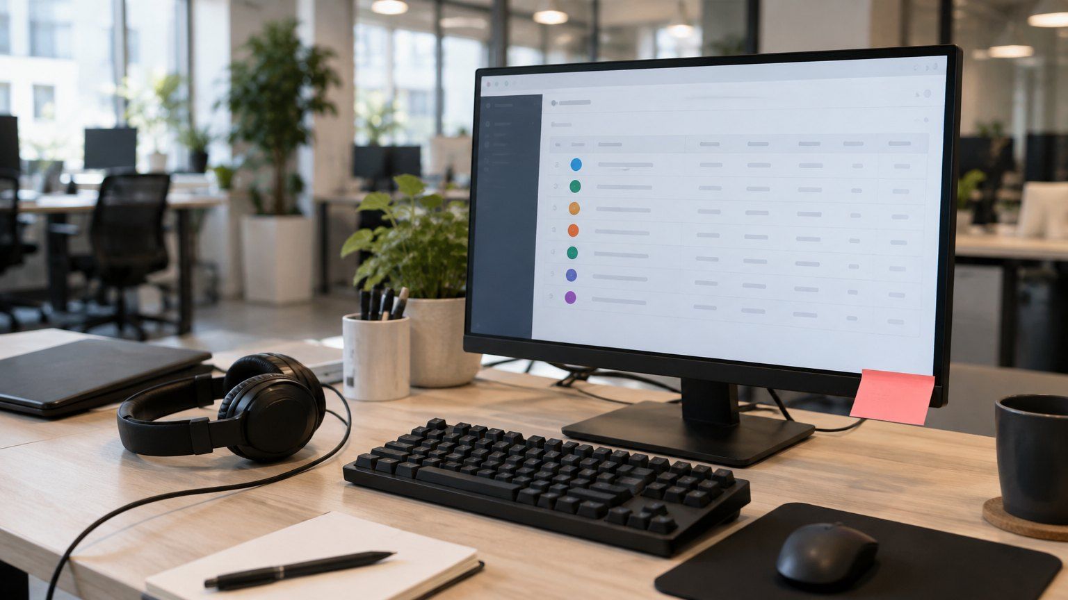 Desk with a monitor showing a CRM table, headset and keyboard, a pink sticky note on the screen