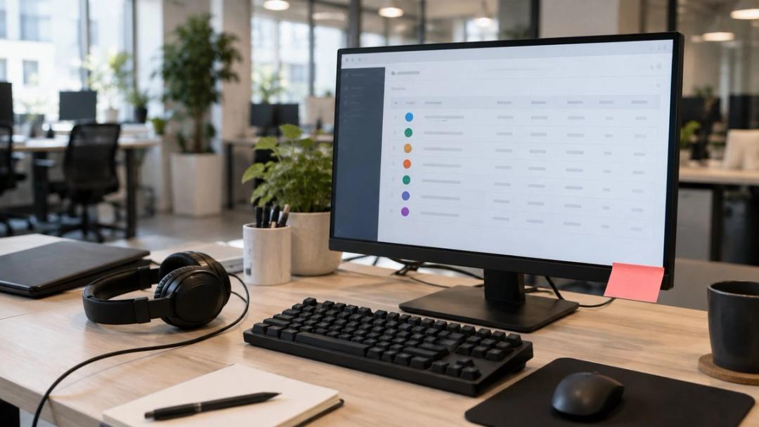 Desk with a monitor showing a CRM table, headset and keyboard, a pink sticky note on the screen