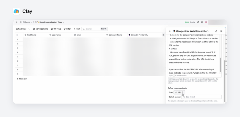 Tableau Clay avec le panneau Claygent ouvert et un prompt de recherche en langage courant