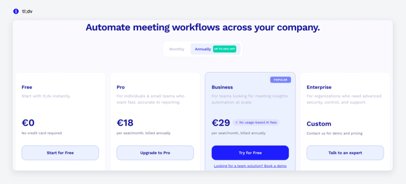 Page tarifs de tl;dv avec les offres Free, Pro, Business et Enterprise