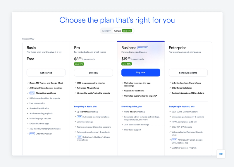 Page tarifs d'Otter avec ses offres Basic, Pro, Business et Enterprise