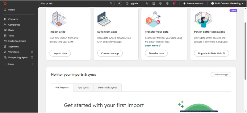 HubSpot Data Hub import and sync options in the HubSpot CRM