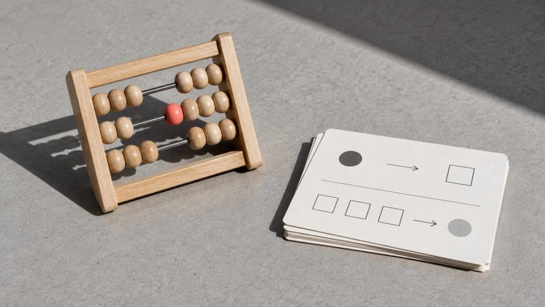 Wooden abacus with one pink bead next to a stack of cards showing fields and arrows
