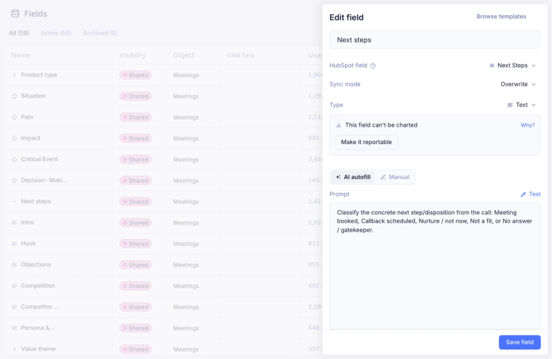 Un champ IA de Claap associé à une propriété HubSpot, avec le mode de synchronisation Overwrite et son prompt