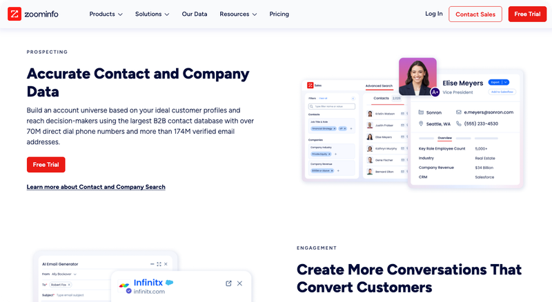 Zoominfo webpage about prospecting and contact data