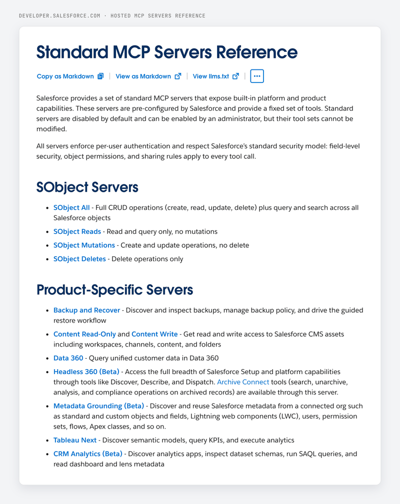 Salesforce docs listing the standard MCP servers: four SObject servers, Data 360, Headless 360, Tableau Next and more