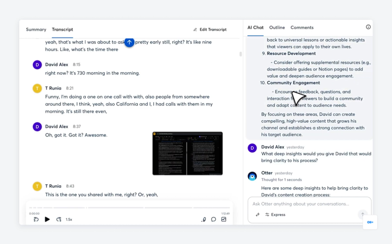 Otter's meeting page with the speaker-labelled transcript next to Otter AI Chat
