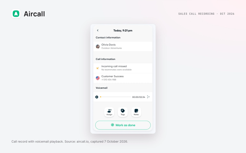 Aircall call record with voicemail playback, from aircall.io