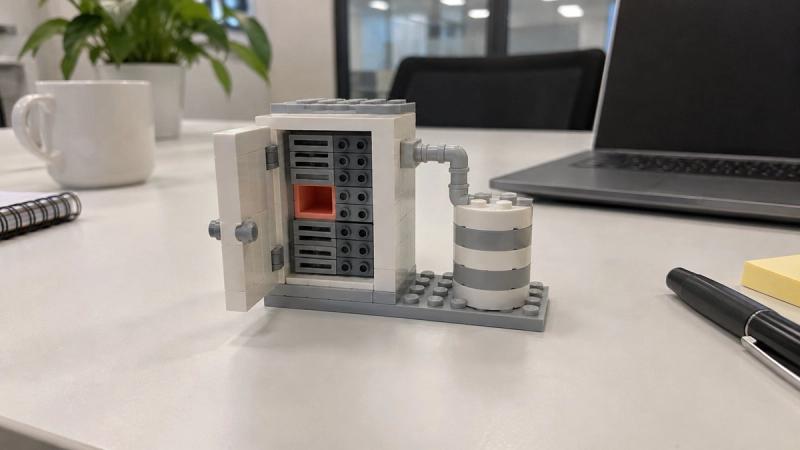 Toy-brick server cabinet with one coral-pink empty slot, on an office meeting table