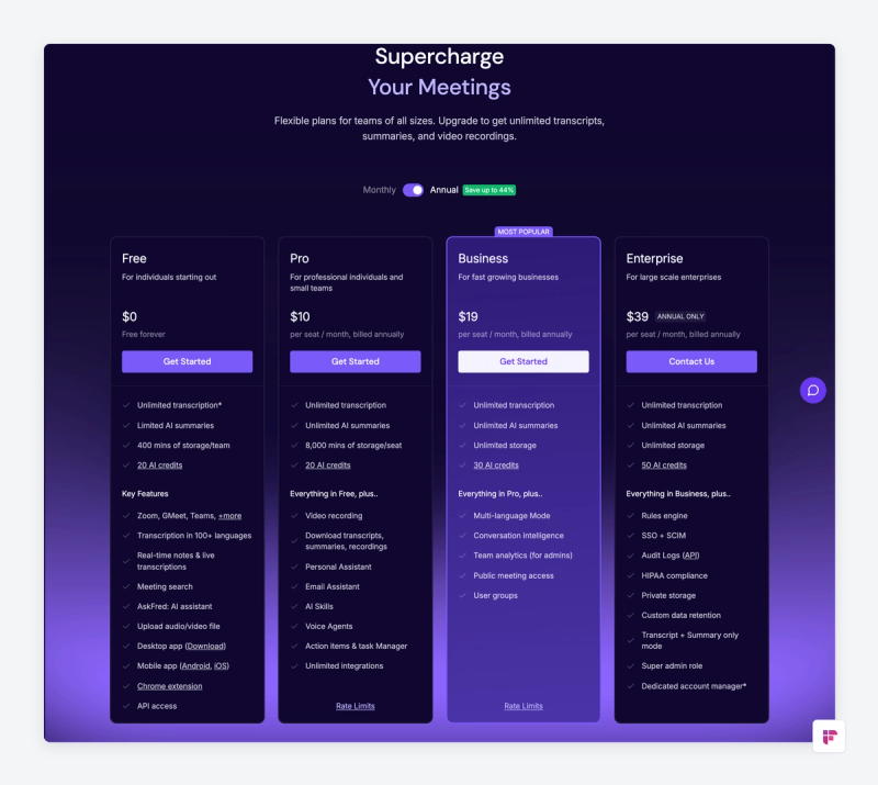 Page tarifs de Fireflies avec les offres Free, Pro, Business et Enterprise