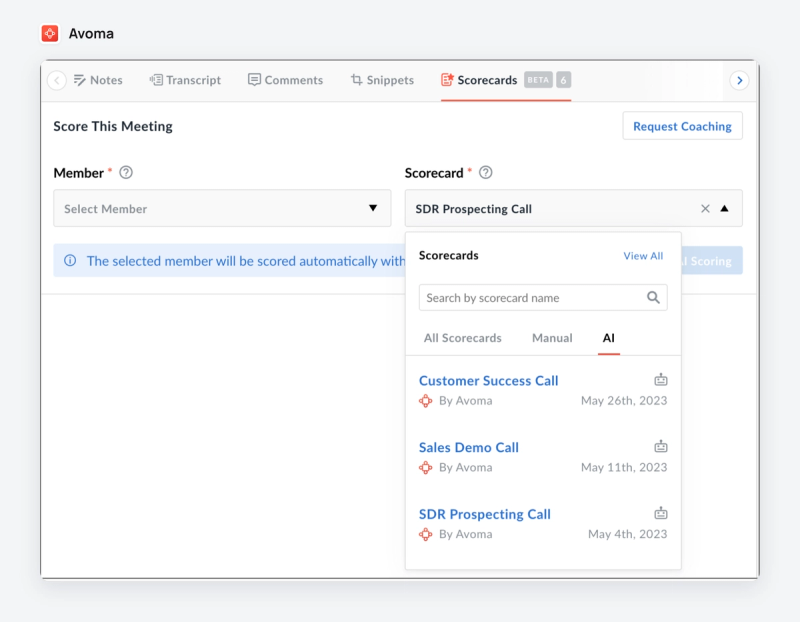Avoma's Score This Meeting panel with AI scorecard templates