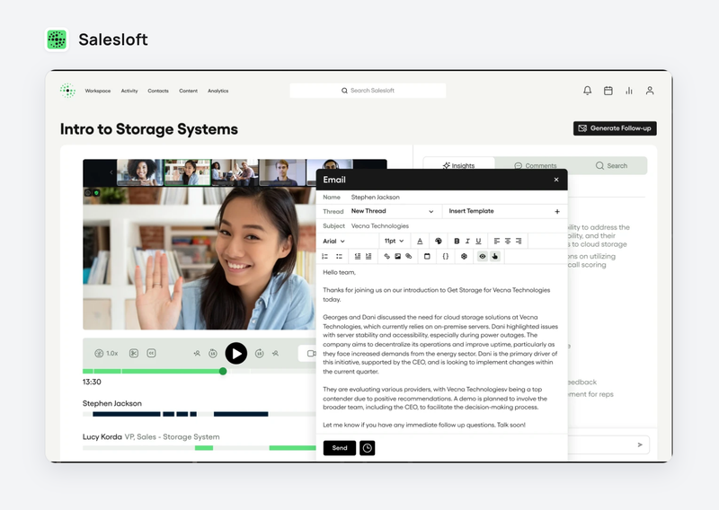 Brouillon d'email de suivi généré par Salesloft à partir d'un appel