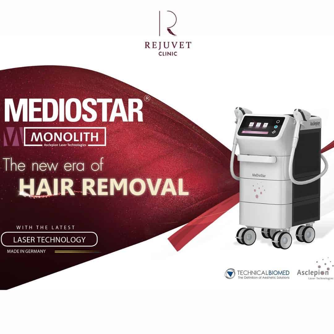 REJUVET CLINIC ใช้เครื่อง Mediostar Monolith ที่เป็น Diode Laser รุ่นล่าสุด โดยมีหัว Cooling ให้ความเย็นขณะยิงได้ดีกว่ารุ่นอื่นๆโดยมี Cooling รอบหัวเลเซอร์ทำให้มั่นใจได้ว่าจะไม่เจ็บและไม่อักเสบในขณะที่ยิงอยู่ อีกทั้งแพทย์มีความเชี่ยวชาญในการใช้งานเครื่องสูงมาก จึงมั่นใจได้ว่าเรื่องขนจะไม่เป็นปัญหาอีกต่อไป