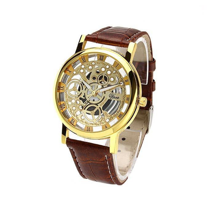 Skeleton Dial Leather Quartz Wrist Watch - Brown/Gold