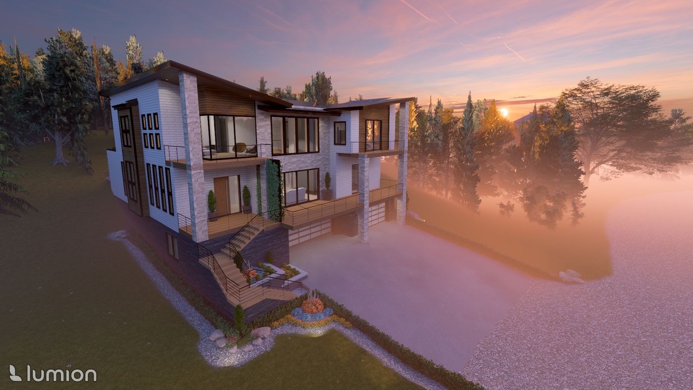 Morning perspective rendering of the Woodlands Retreat nestled in trees.