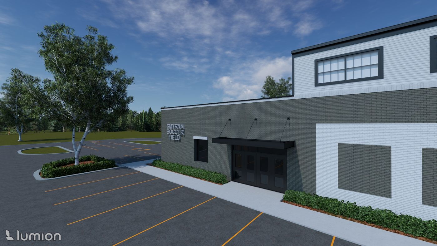 Featured perspective rendering of the interior pitch inside the Fairview Indoor Soccer Complex.