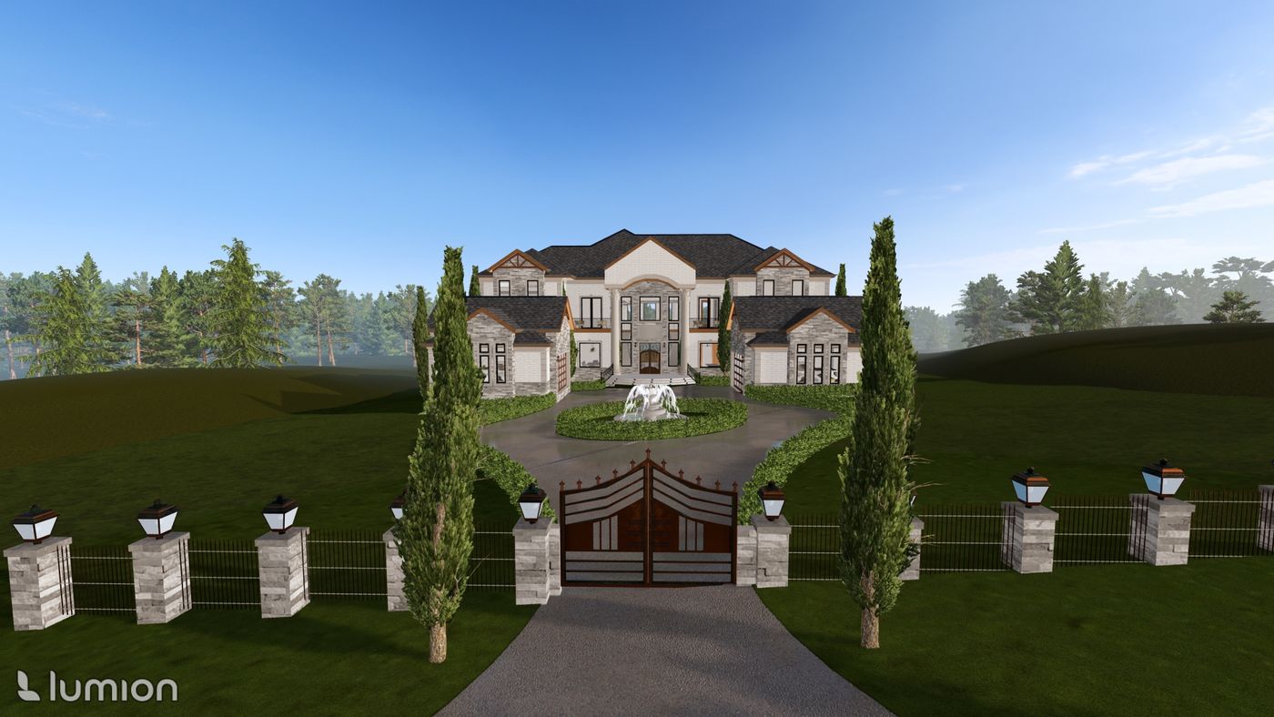 Modernist gray scheme architectural rendering of the Fairview Residence front facade.