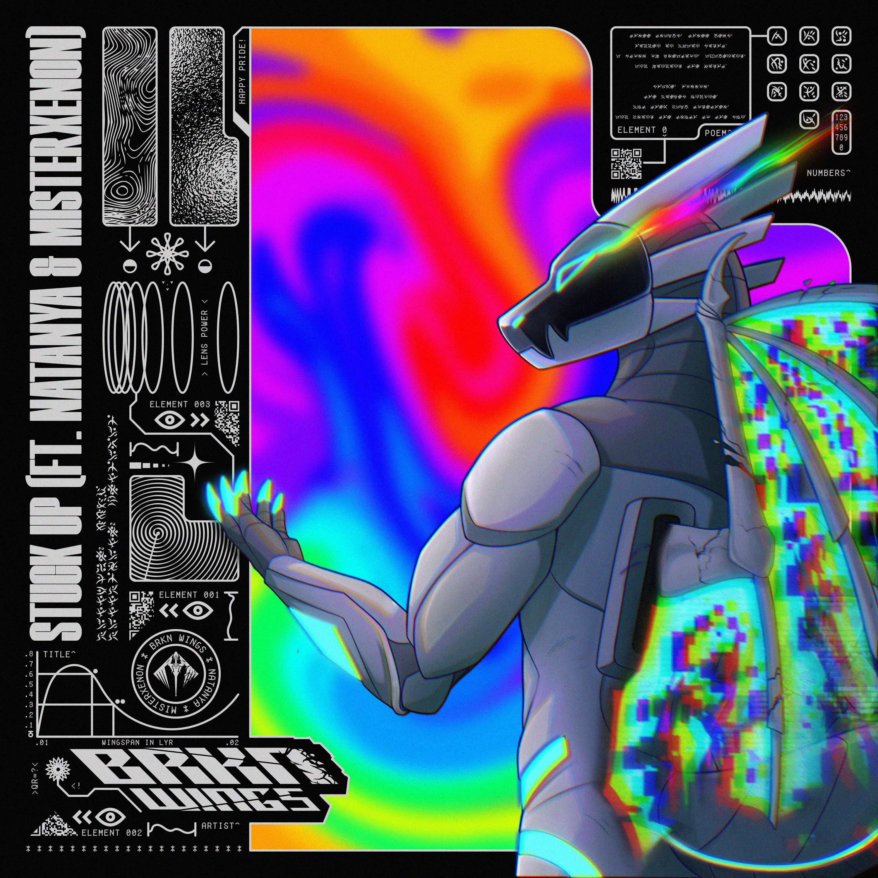 the cover of BRKN WINGS' stuck up. there's an anthropromorphic robot dragon dude looking at their hand kinda badass like. there's a rainbow flame coming out of their eye, which is kinda edgy but i don't care. there's a lot of intricate graphical details, which if i tried to describe would probably make the webpage like 2kb bigger.