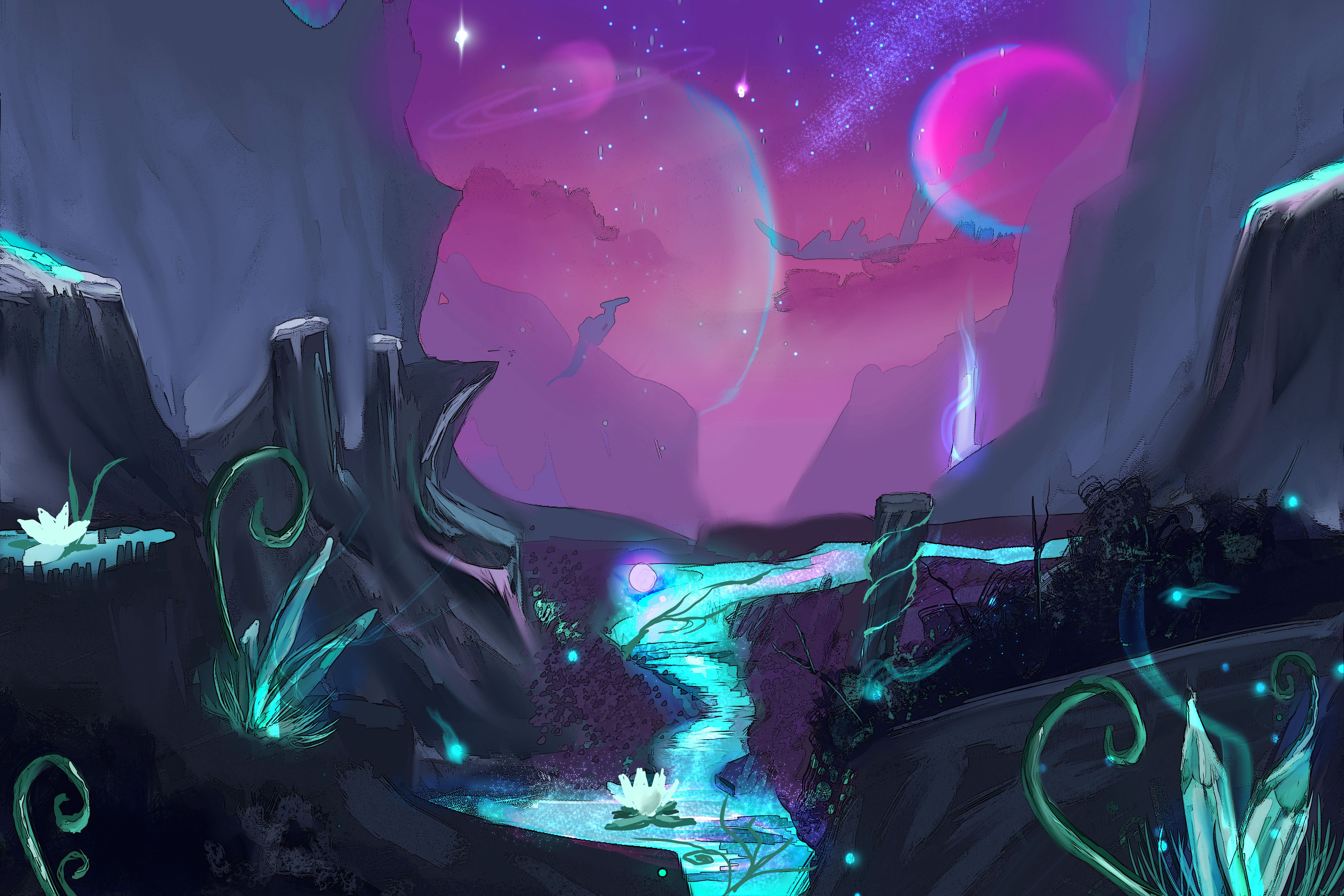 a painted piece of a serene stream with crystals and kinda weird curly vine things. the sky is a deep purple-pink with mulitple huge planets filling it.