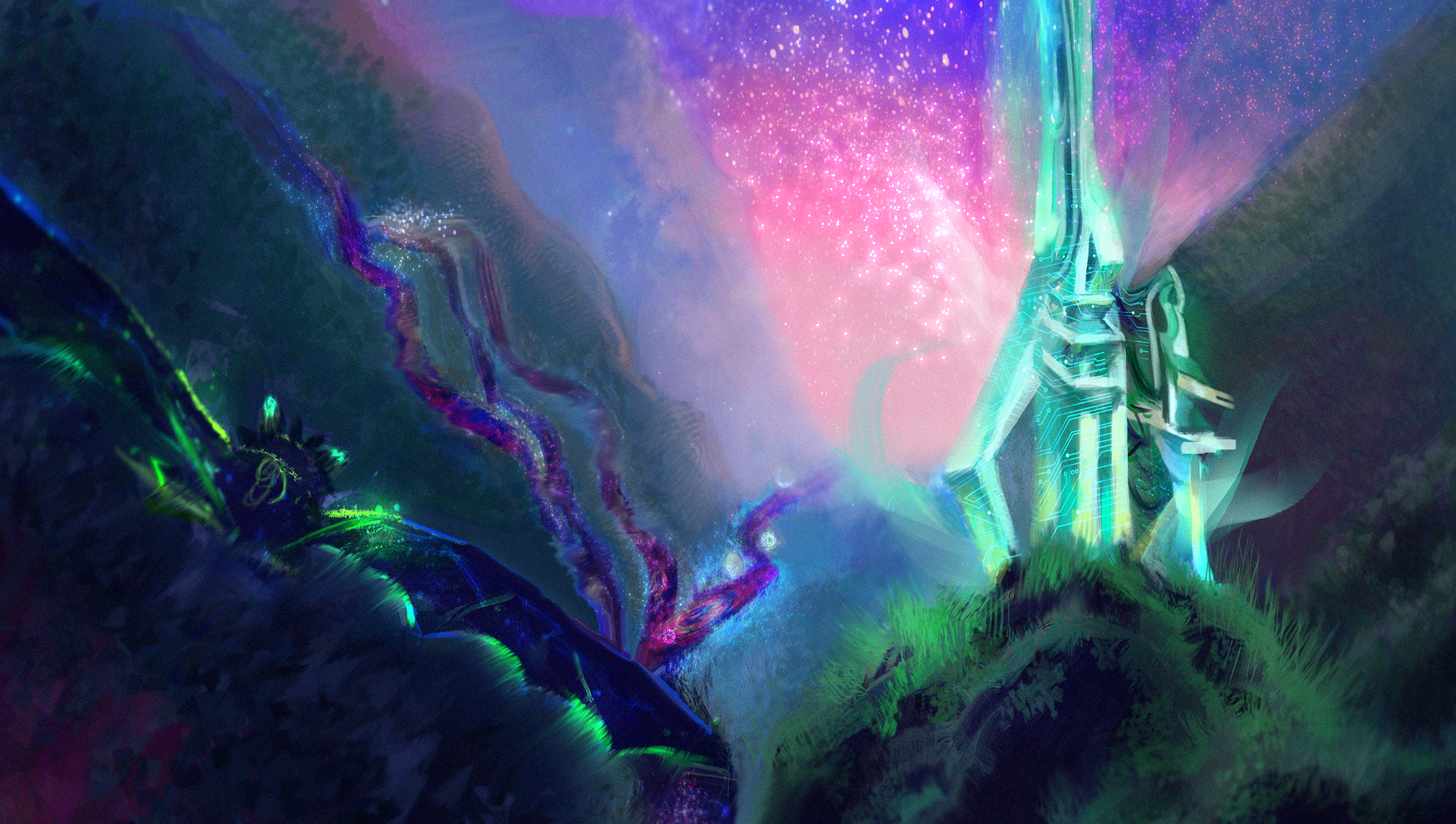 a painted piece of a blue green crystal tower in a valley. there's a stream off to the side that looks like it contains some sort of starry liquid, with planet like bubbles coming out. on the left side of the frame, there's a dragon with blue and green glowing markings