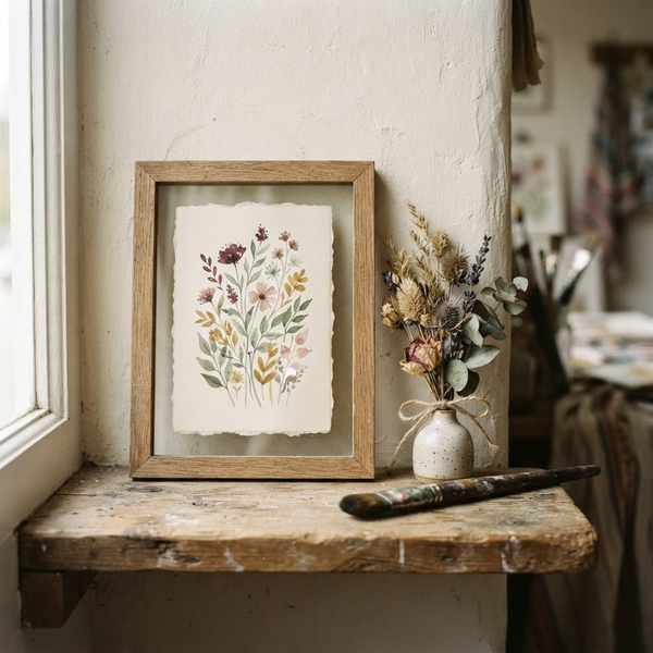 Botanical artwork on a shelf