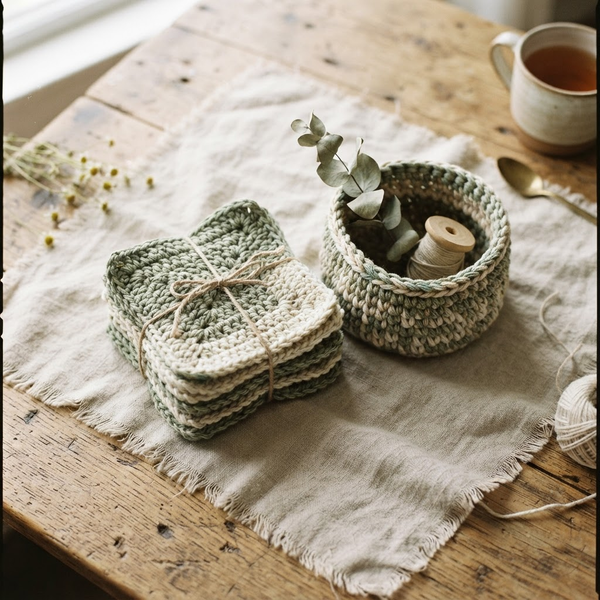 Crochet coasters on linen