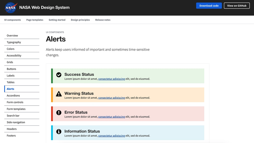 A screenshot of NASA's design system