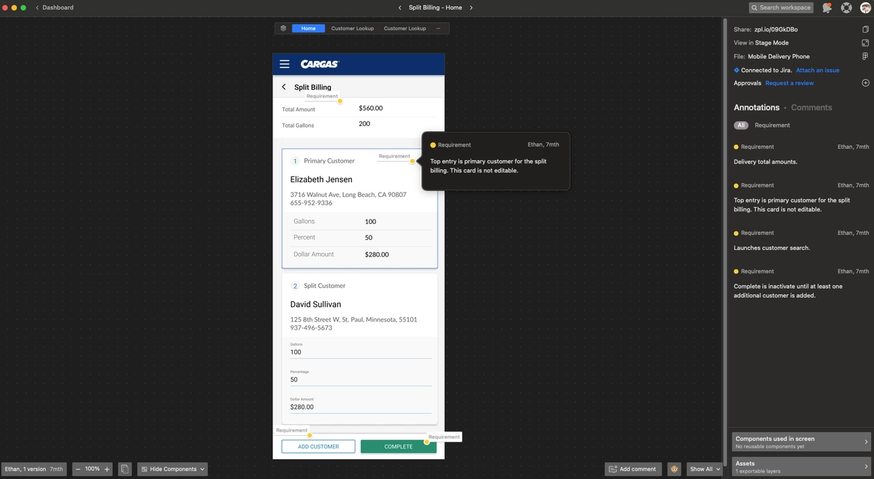 Screenshot of Zeplin screen in Cargas Energy's workspace, showing how they document UX requirements