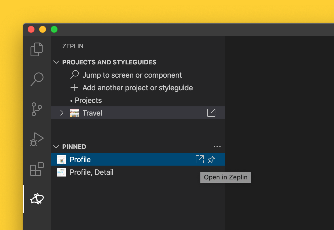 The new Zeplin sidebar in VS Code lets you choose the screens and components you’ll be actively working on, by pinning them
