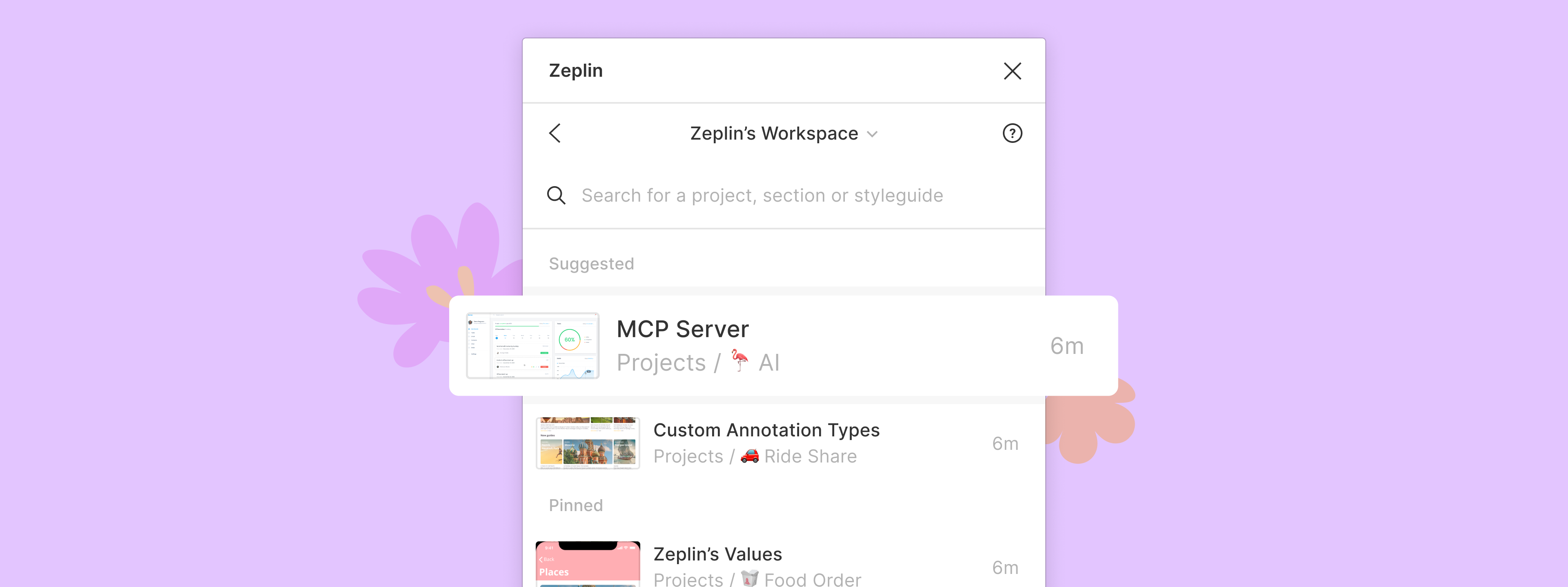 UI showing projects with section names displayed