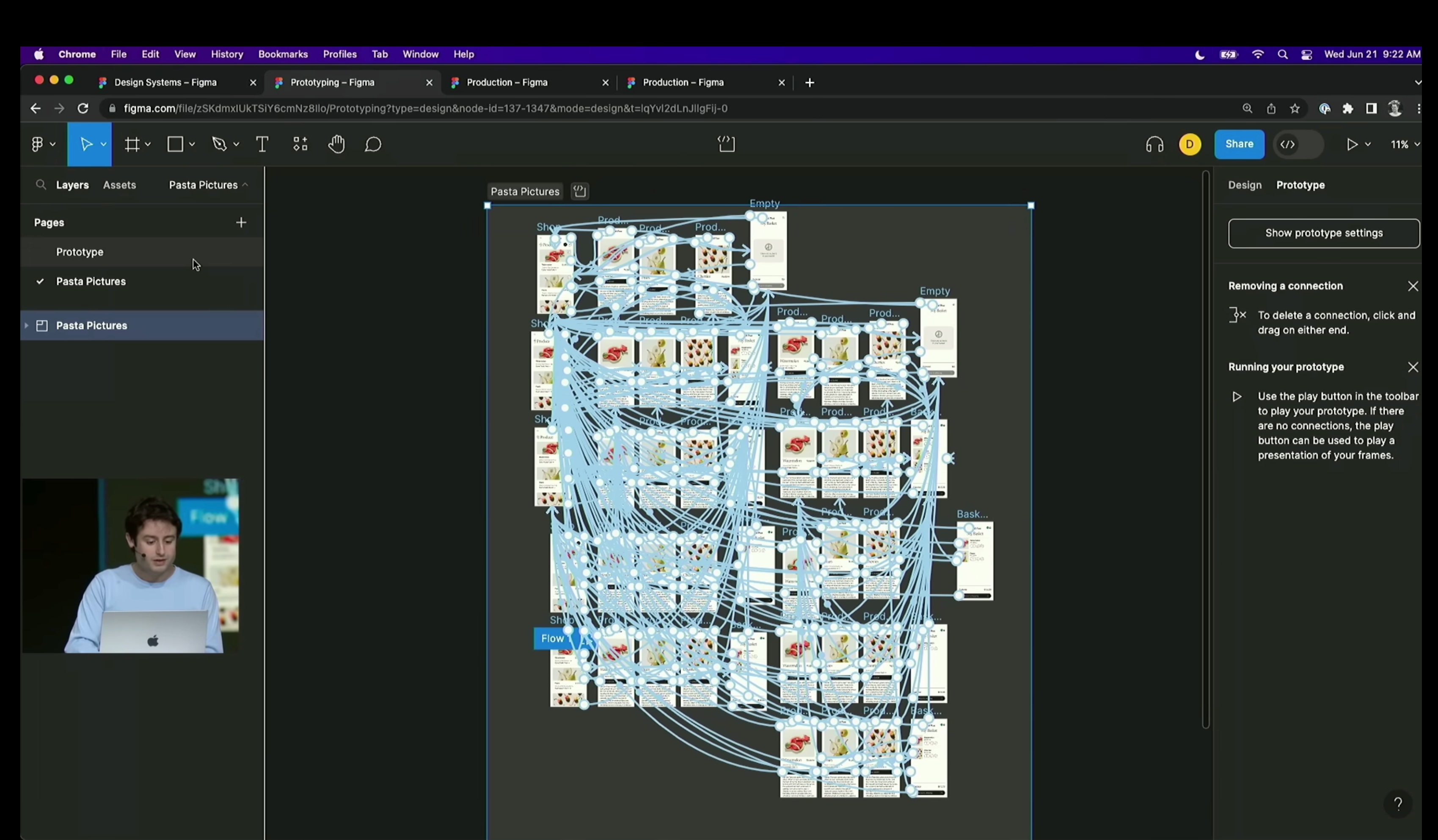A screenshot from Figma's Config presentation, showing how prototype flows quickly become convoluted "pasta pictures" as flow arrows overlap and intersect.