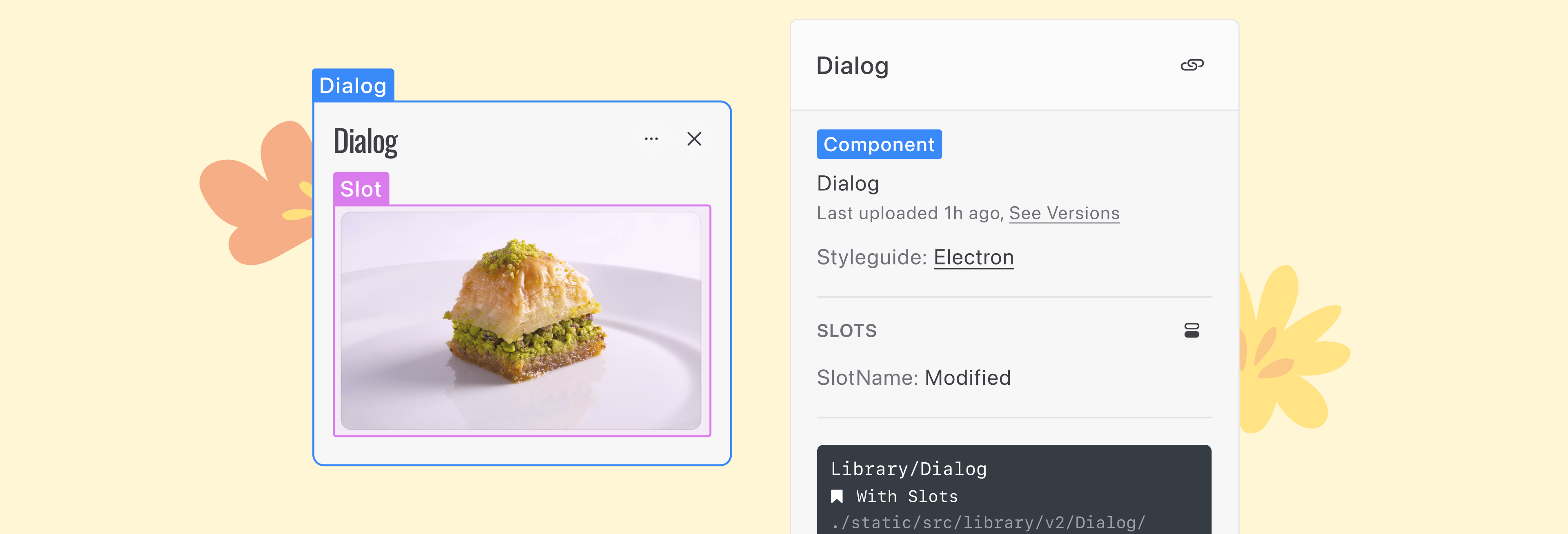 UI showing a component with a slot layer and slot details in the inspect panel