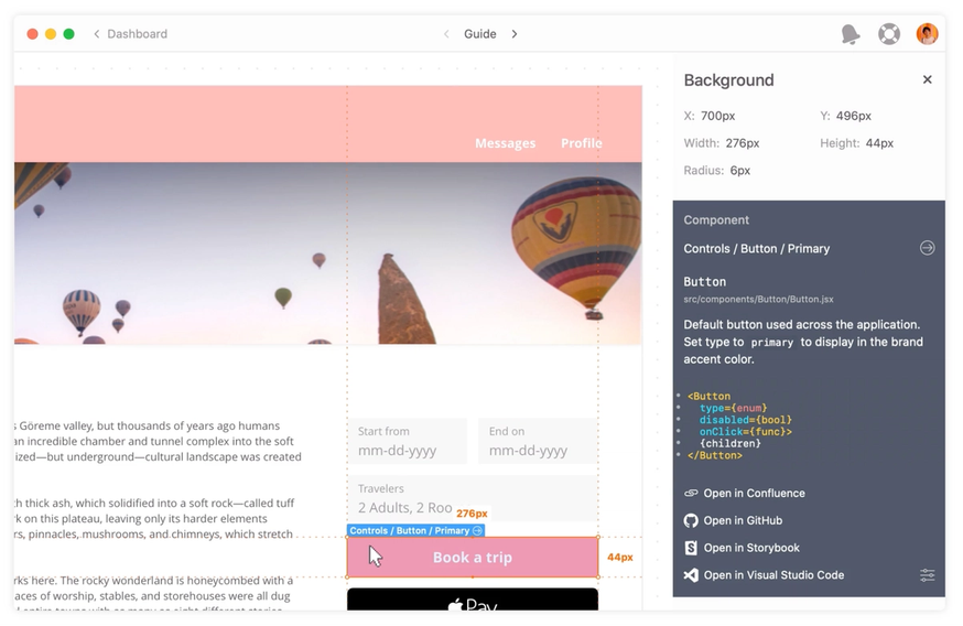 Example of the specifications, code snippets, and developer resources right on screens in Zeplin