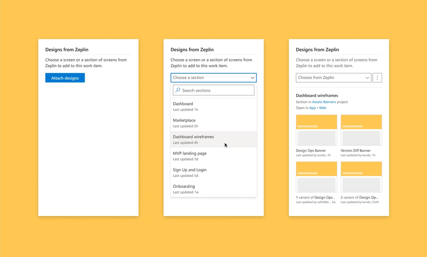 screenshots of how Zeplin Azure DevOps integration works