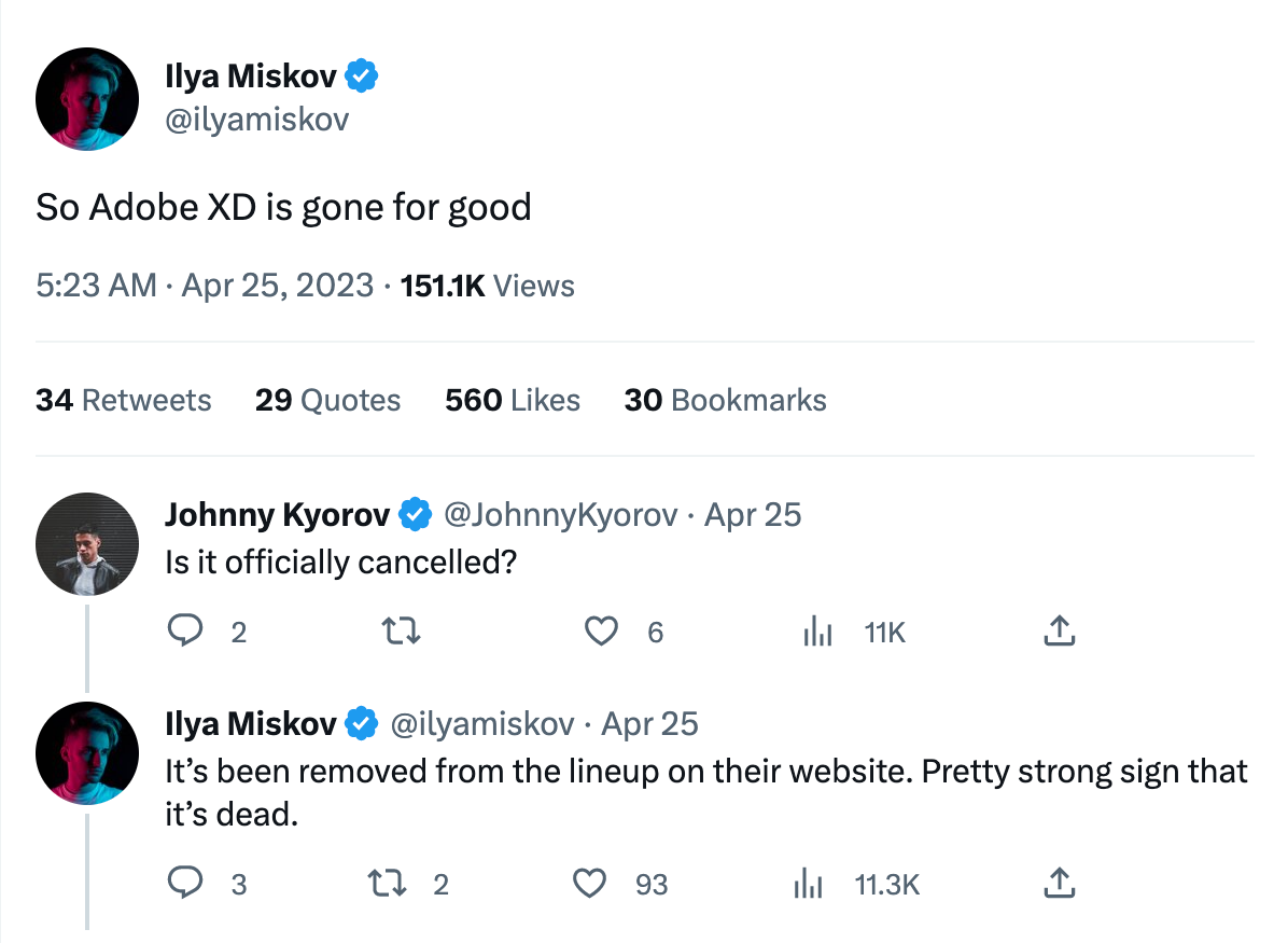 Tweet that said Adobe XD is dead