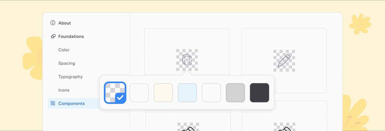 Color selection popover for component background, showing multiple color swatches with one selected.