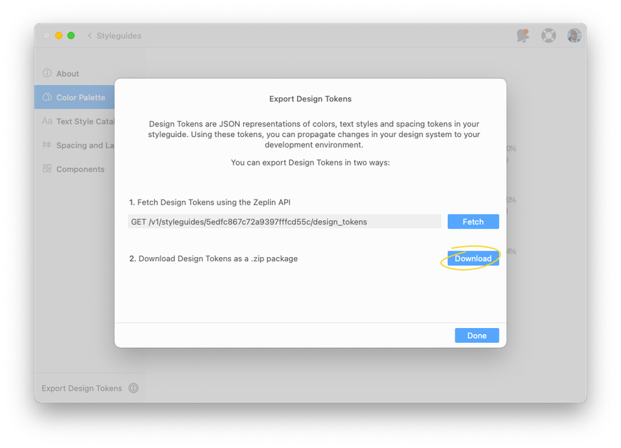 how to export design tokens in Zeplin