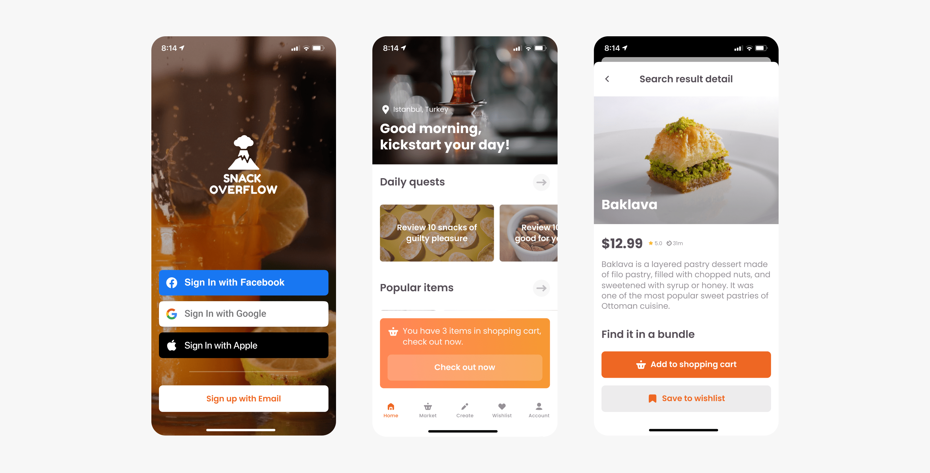 An example mockup of a mobile food delivery app