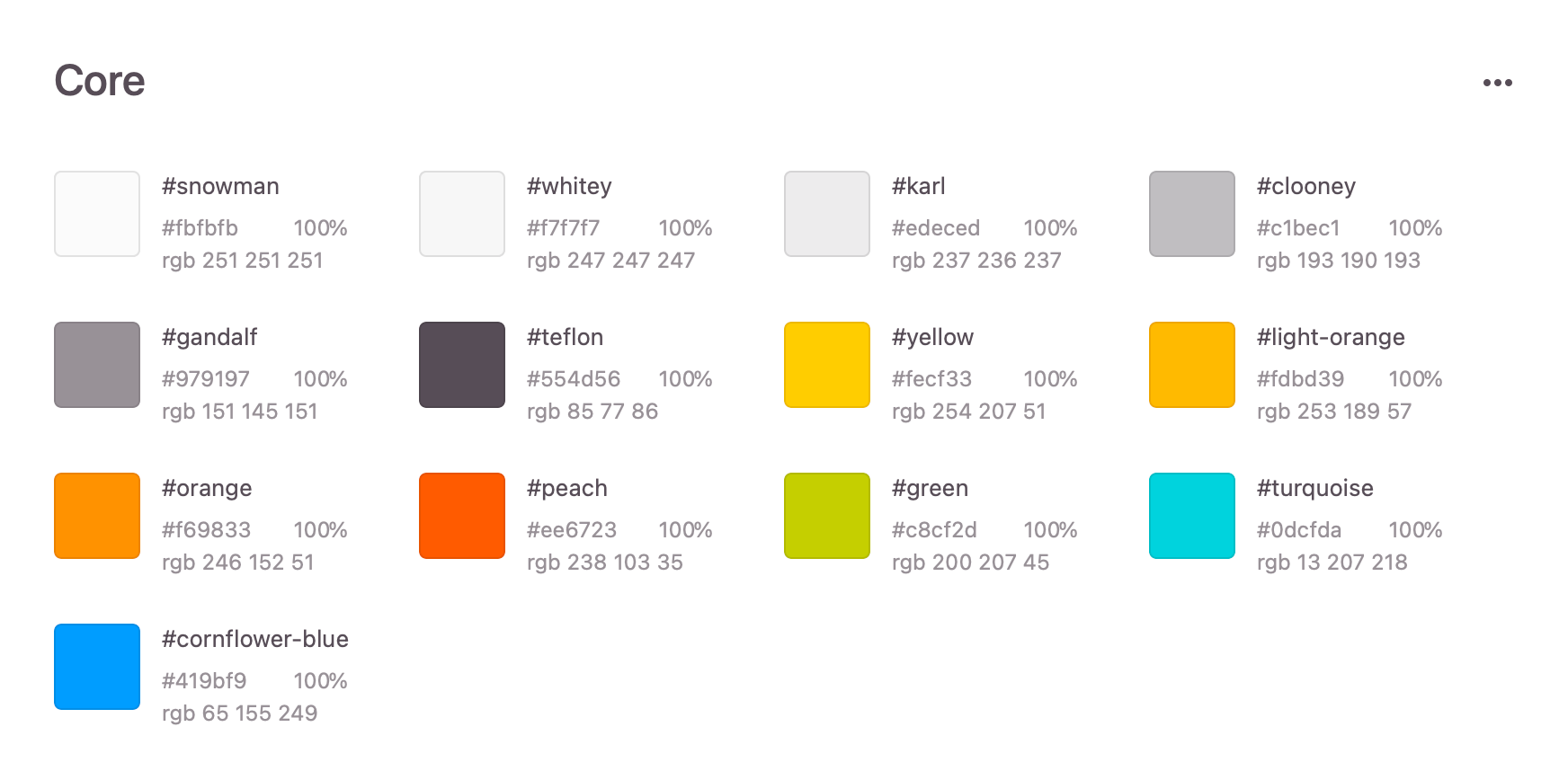 A screenshot of Zeplin's core color palette, with names like "snowman" for white and "clooney" for gray.