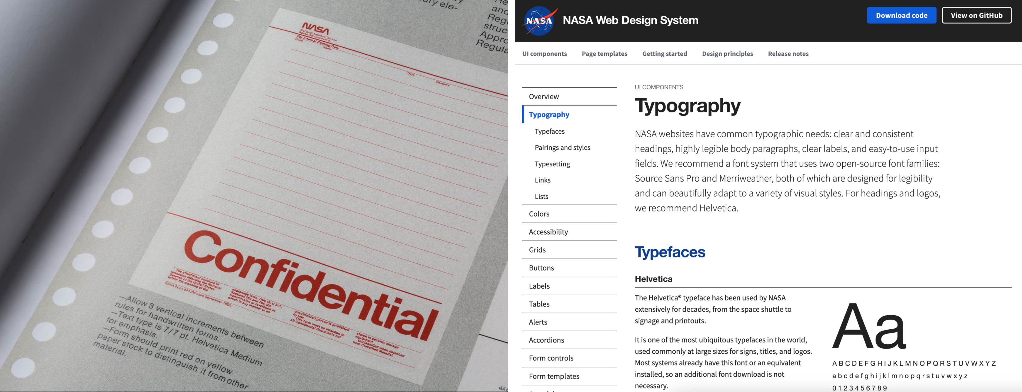 Side-by-side screenshots showing similar font guidelines in NASA's current design system and their original design guide published in 1975