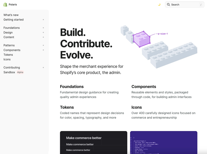 A screenshot of Shopify's design system, Polaris