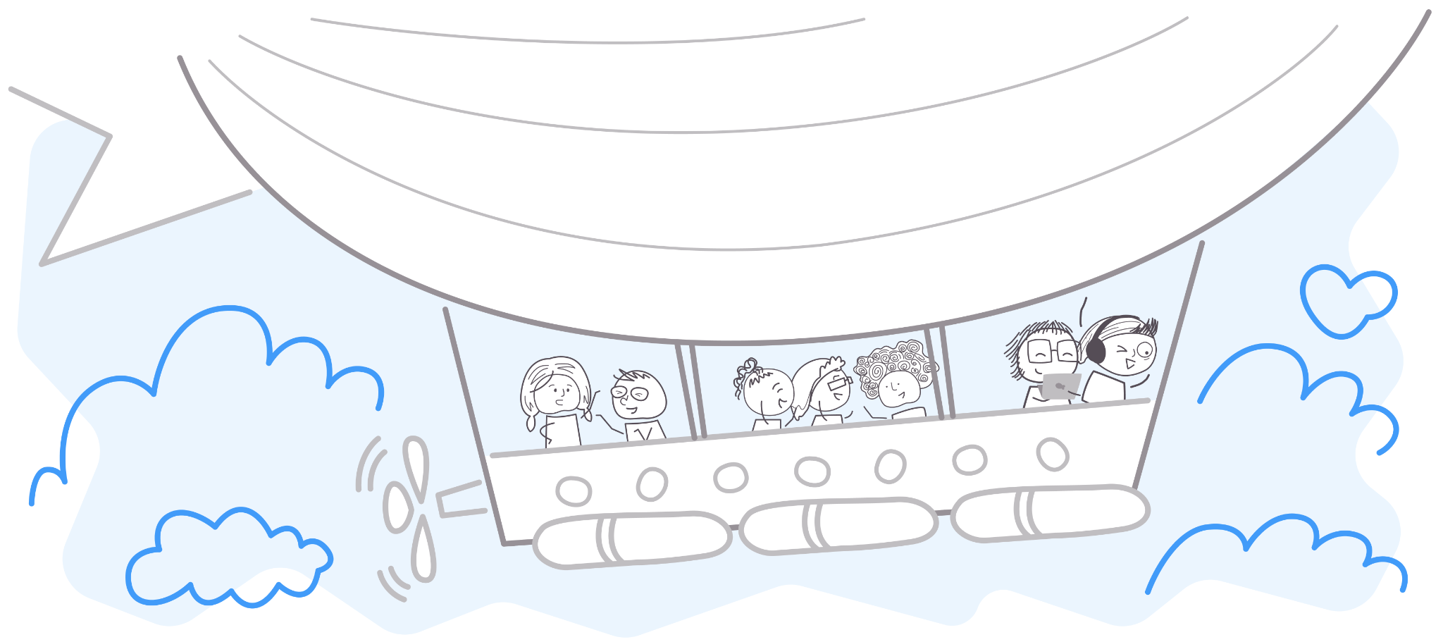 illustrated image of product team on a blimp