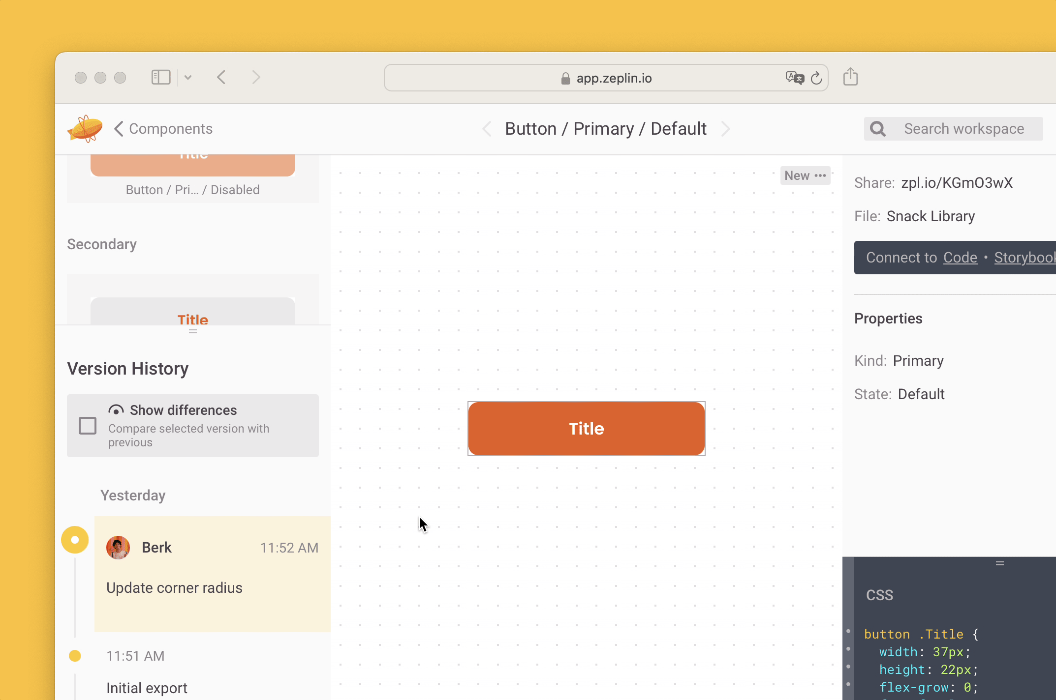 design system component version control feature in Zeplin