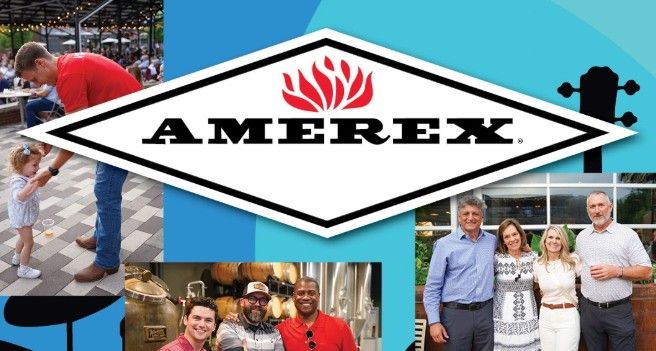 Collage with the Amerex logo in the center, surrounded by photos of people smiling, interacting, and enjoying an outdoor event. Background includes blue tones and musical instrument silhouettes.
