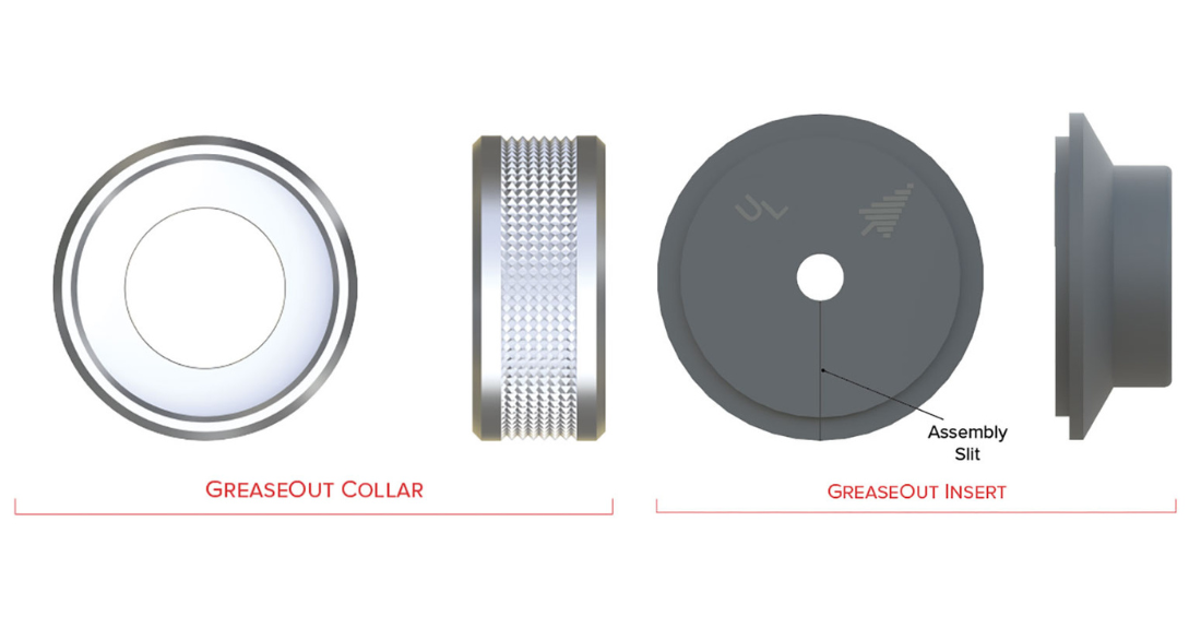 Side and top views of a metallic GreaseOut collar and insert, labeled below each part. The insert has a central hole, assembly slit, and engraved icons.