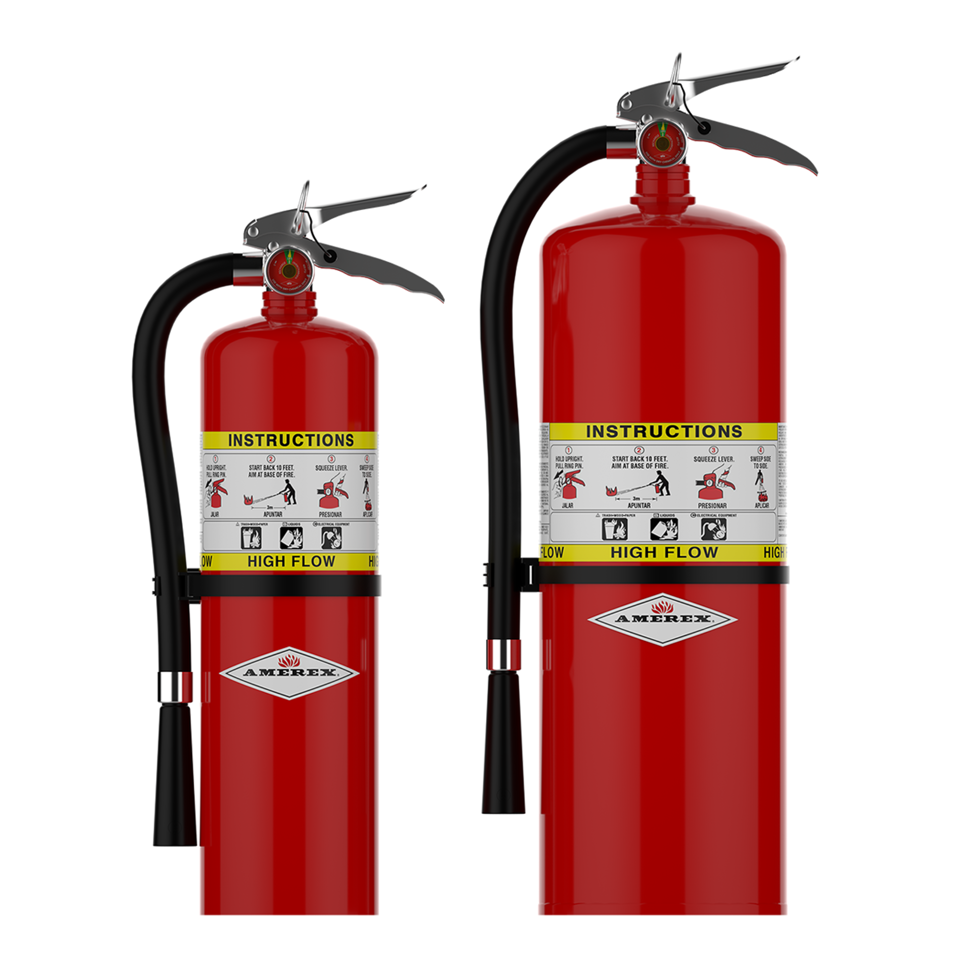 Two red fire extinguishers of different sizes stand side by side. Both have black hoses, instruction labels, and silver handles on top, against a white background.