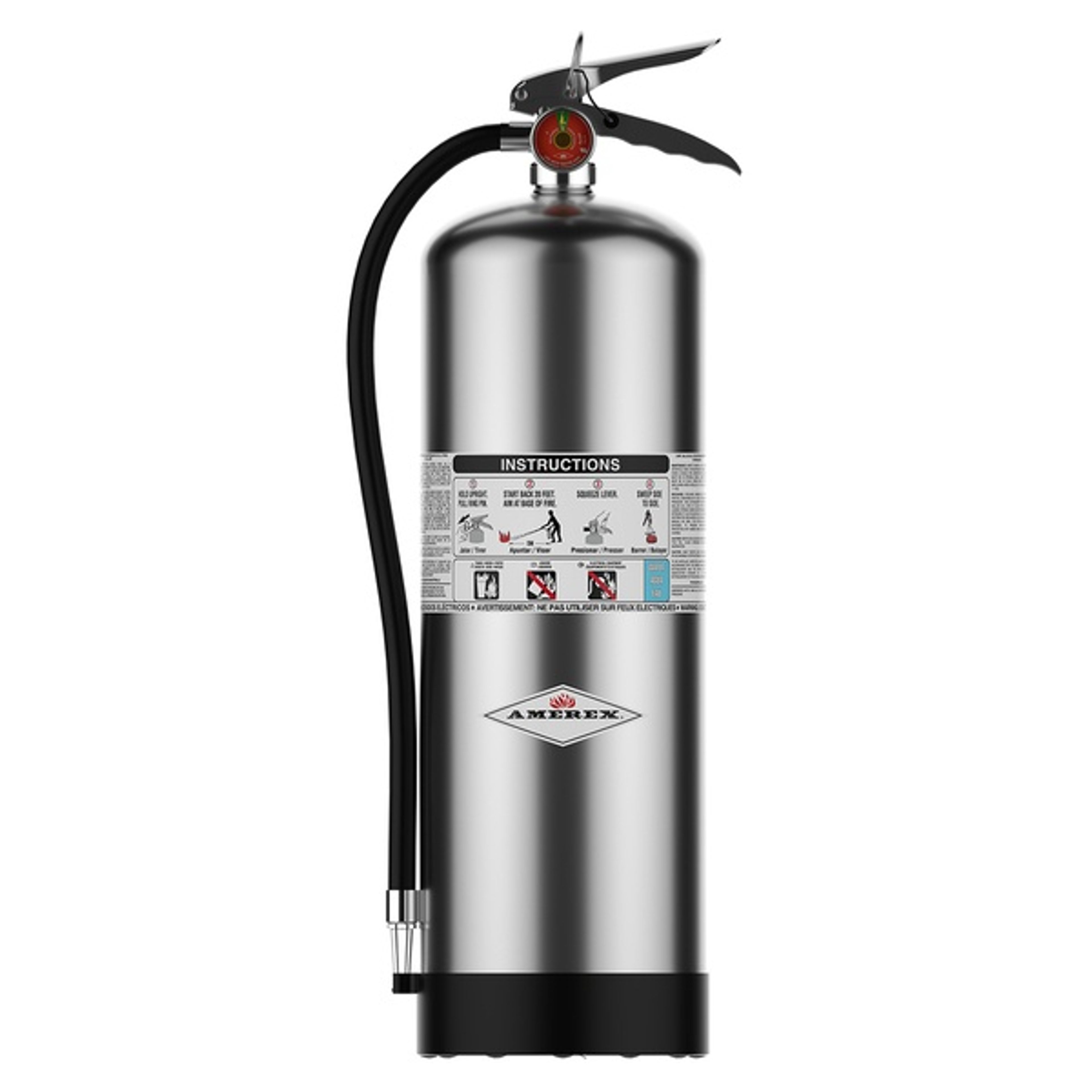 A stainless steel fire extinguisher with a black hose, pressure gauge, and instruction label on the front, shown against a plain white background.