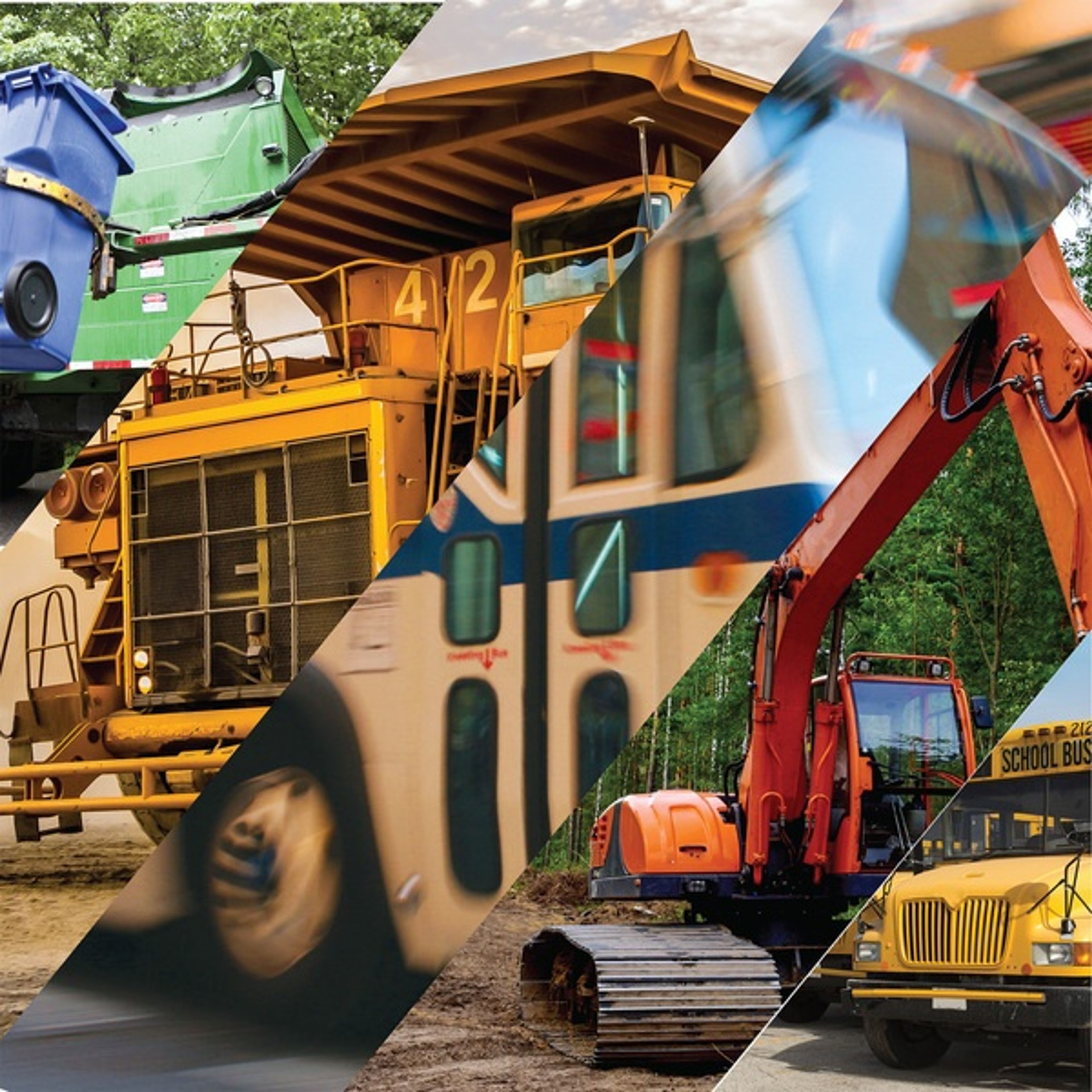 Diagonal collage of heavy vehicles: garbage truck, dump truck, excavator, and school bus, each in its own section, displayed outdoors with trees in the background.