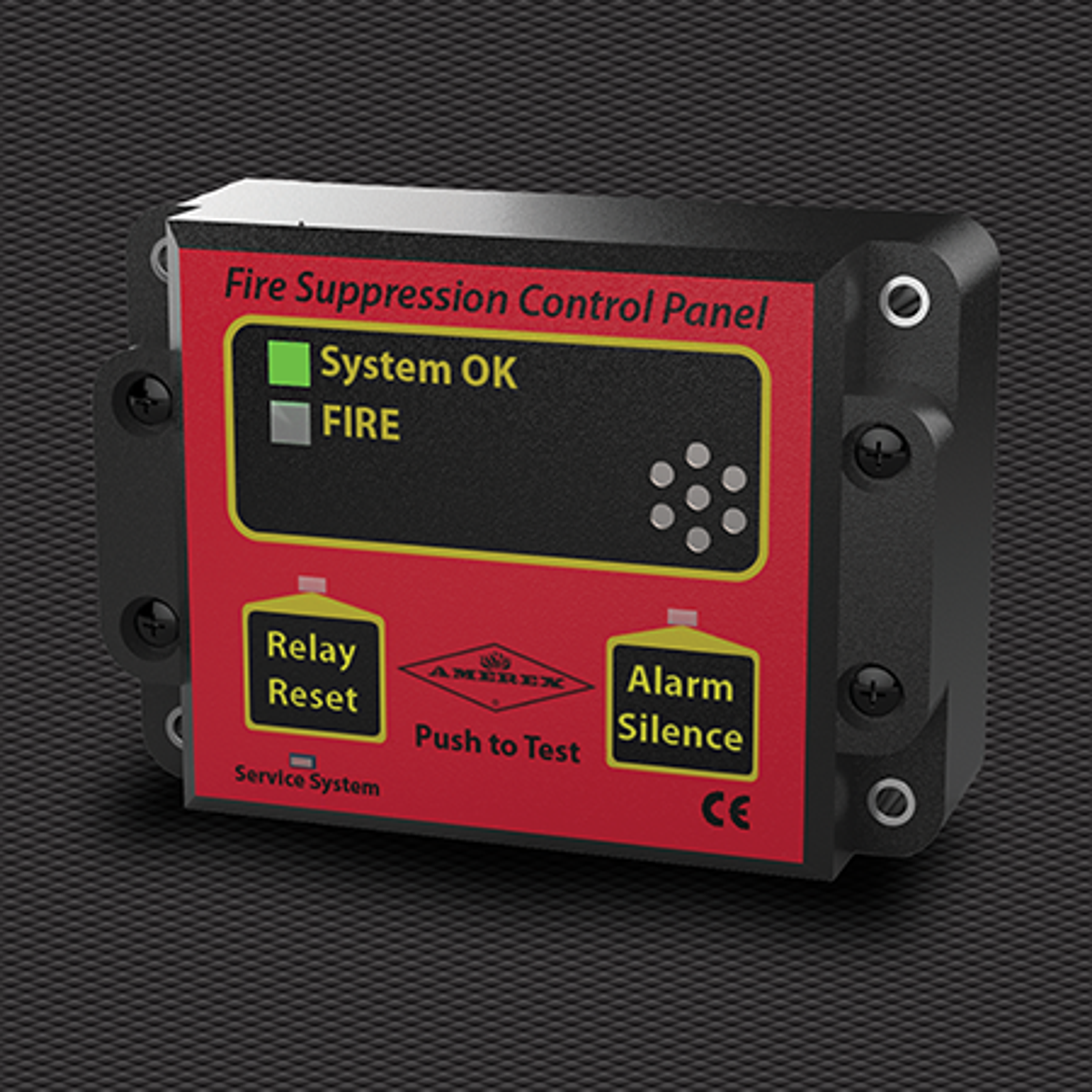 A red fire suppression control panel with indicator lights for “System OK” and “Fire,” buttons labeled “Relay Reset” and “Alarm Silence,” and a “Push to Test” button at the center.